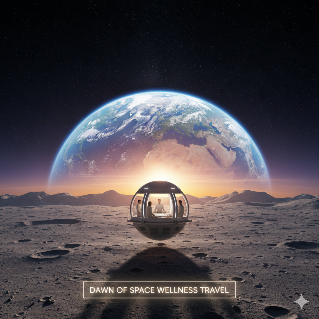 Earth rising above moon horizon representing the dawn of space wellness travel