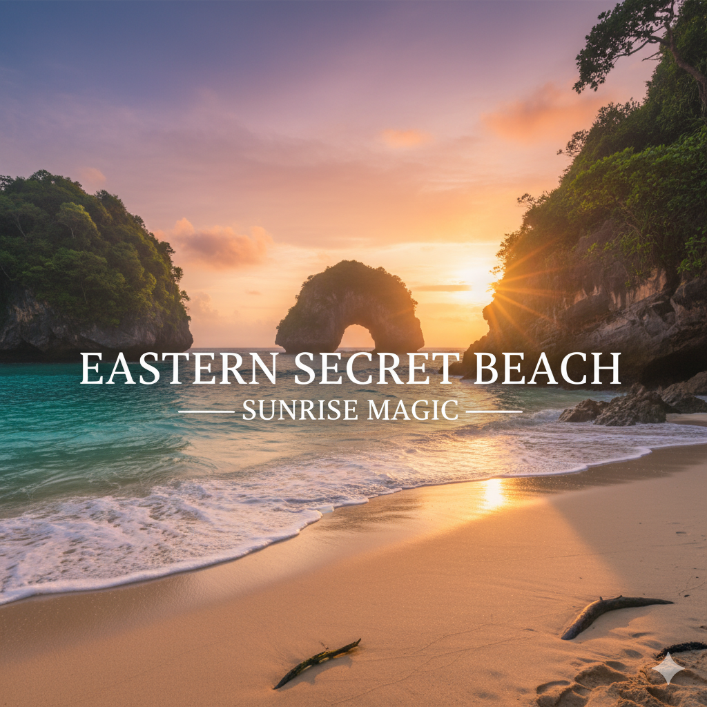 Eastern Secret Beach — Sunrise Magic, secret beaches of Mantigue Island with golden sunrise over turquoise sea
