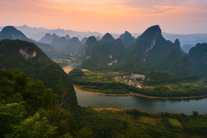 Echoing River Bend, Guilin A-twilight-view-of-the-Li-River-curving-through-misty-karst-mountains-in-Guilin,-China