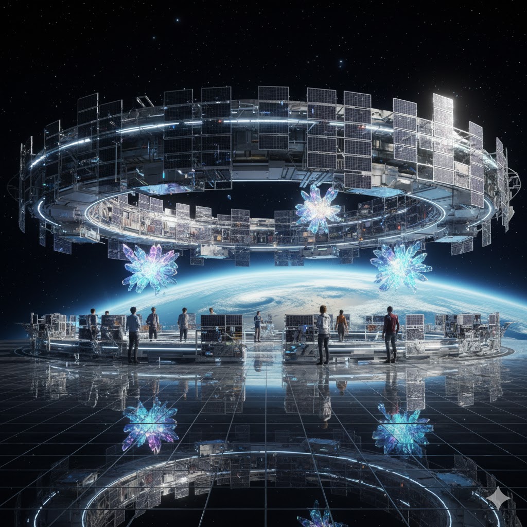 Eco-designed orbital gallery powered by solar panels showing holographic art with Earth below