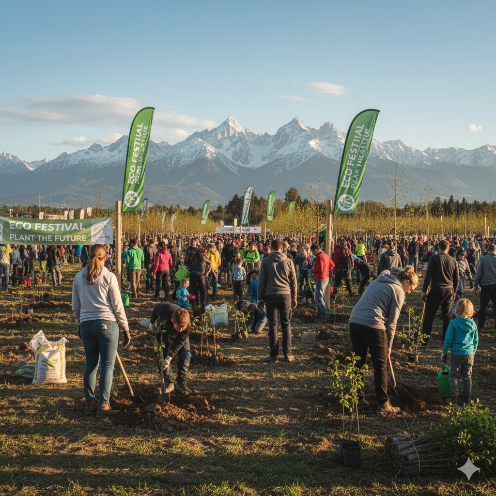 Eco-festival with people planting trees under mountain backdrop.