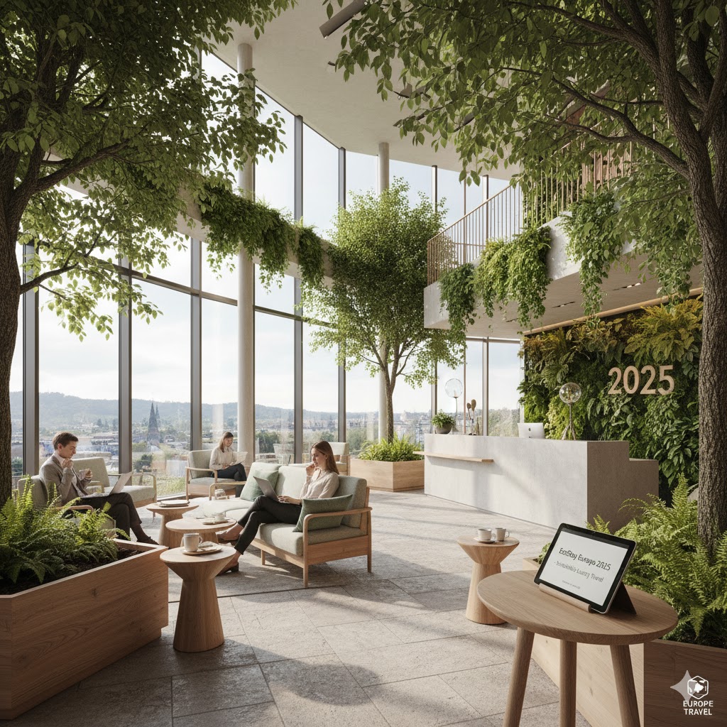 Eco luxury hotel interior with greenery and modern design 2025 Europe travel