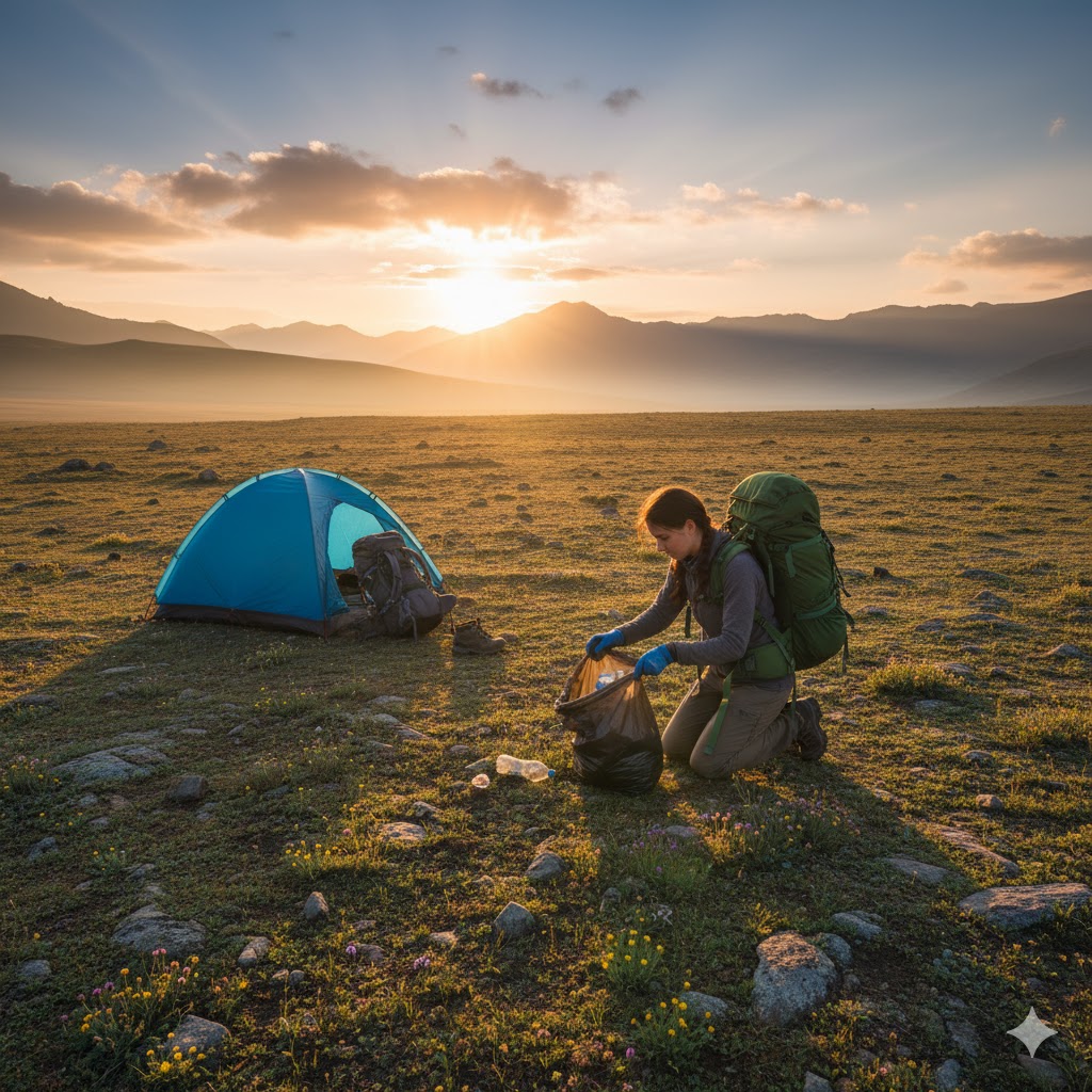 Eco-traveler cleaning up litter near campsite in Deosai Plains at sunrise