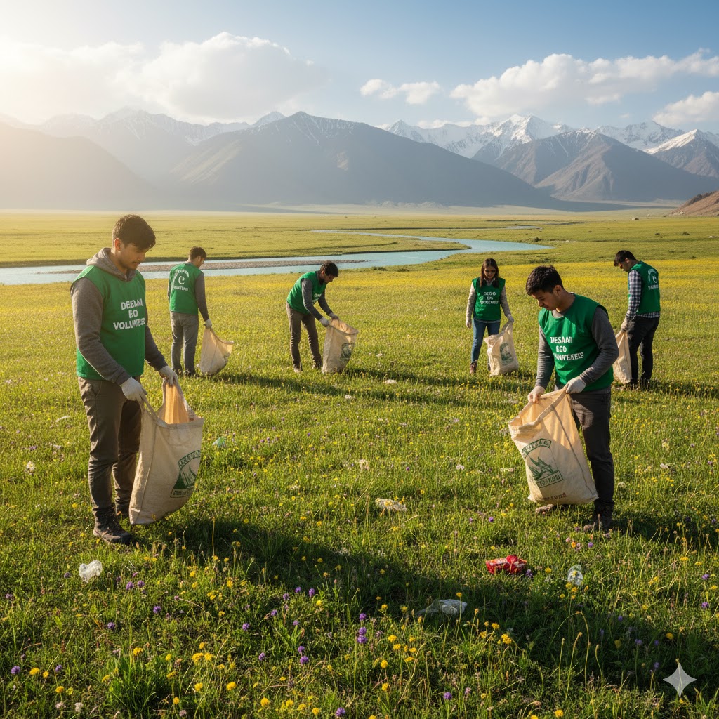 Eco volunteers collecting litter with reusable bags at Deosai National Park. Eco volunteers collecting litter with reusable bags at Deosai National Park.