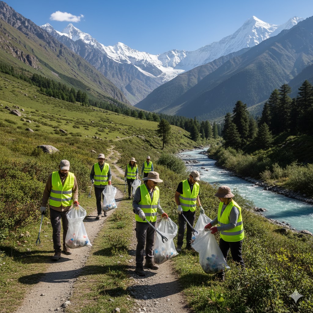 Eco volunteers collecting trash along a trail in Minimarg Astore Valley