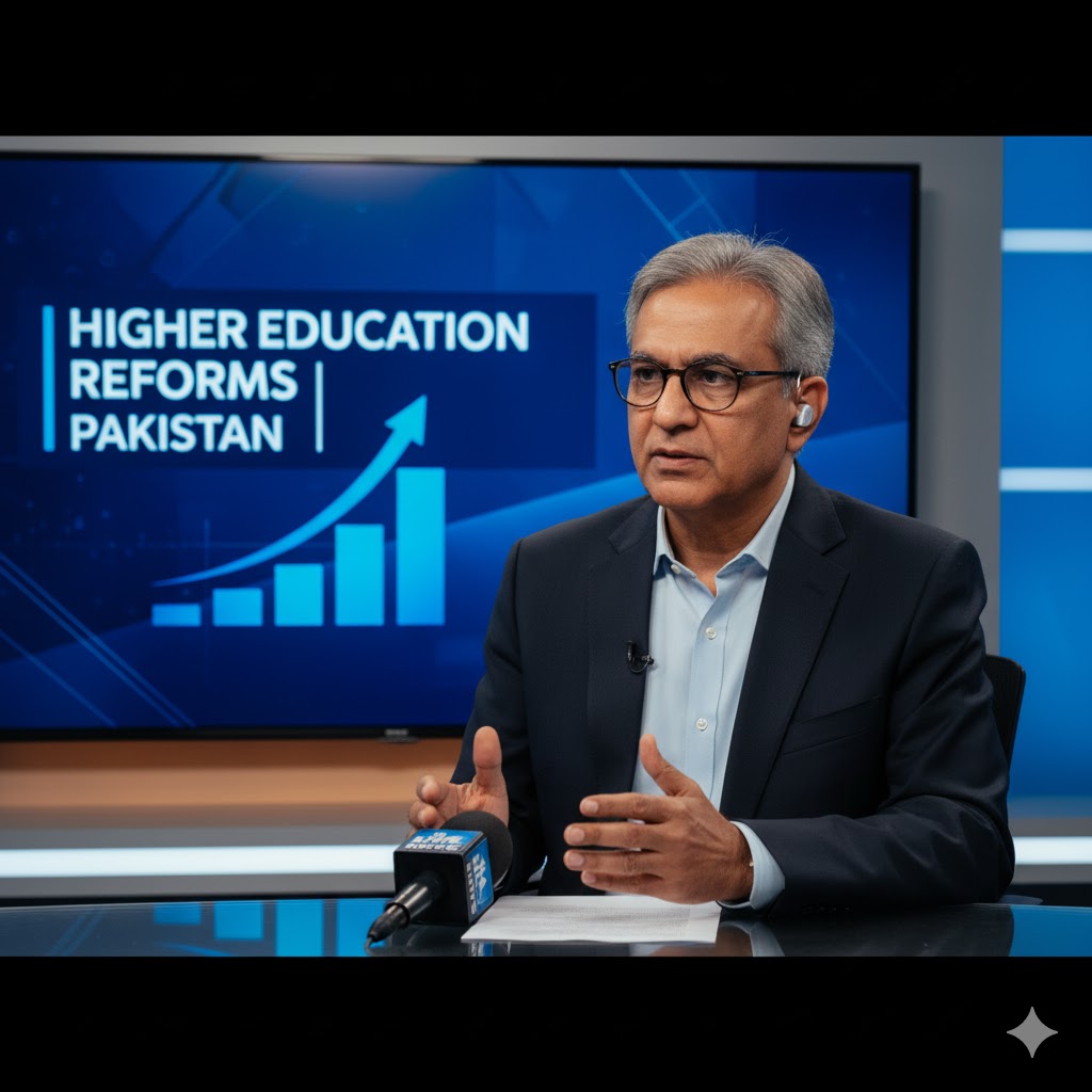Education expert giving interview about higher education policy reforms in Pakistan