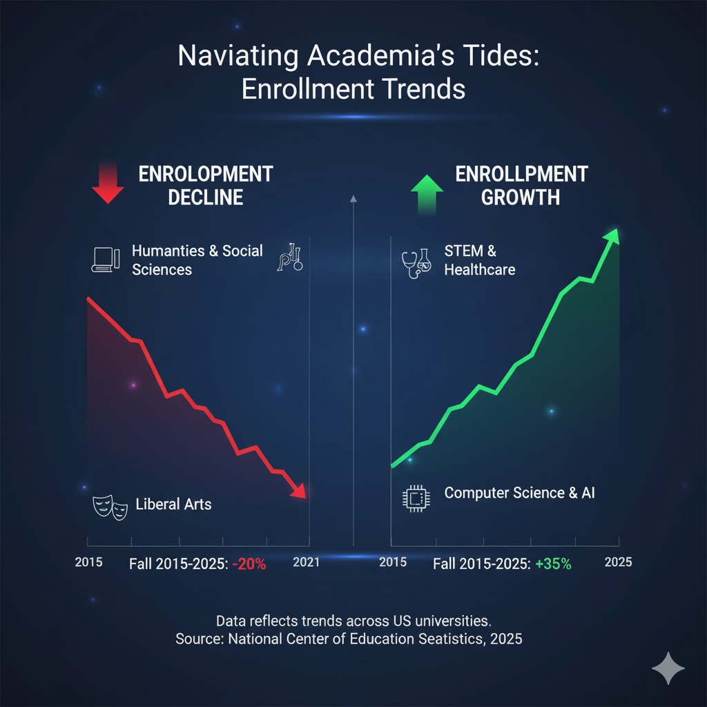 Educational infographic showing enrollment decline and growth trends across academic disciplines.