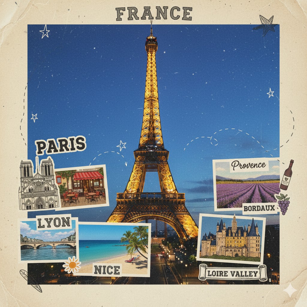 Eiffel Tower glimmering at twilight in Paris. Paris, Lyon, Nice, Provence, Bordeaux, Loire Valley