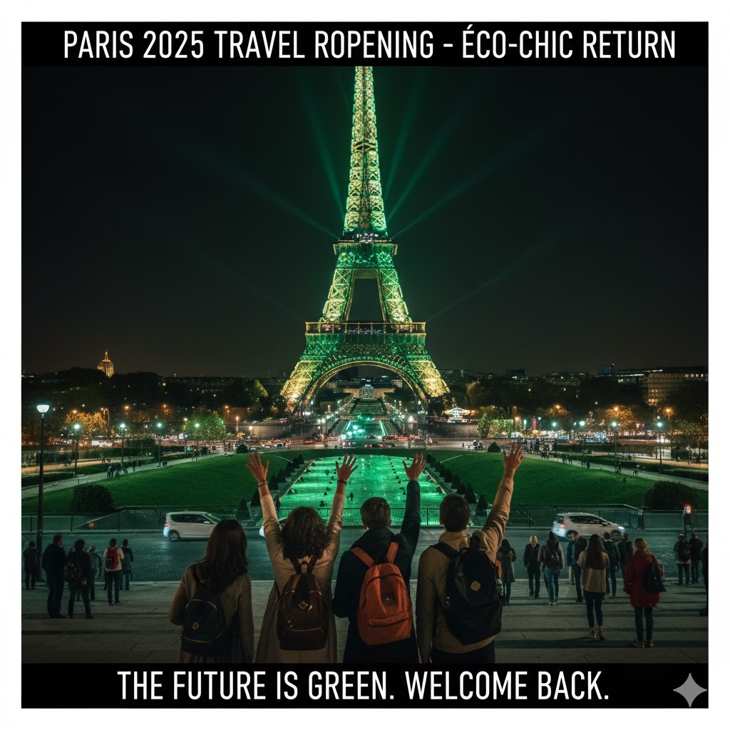 Eiffel Tower lit in eco green lights Paris 2025 travel reopening