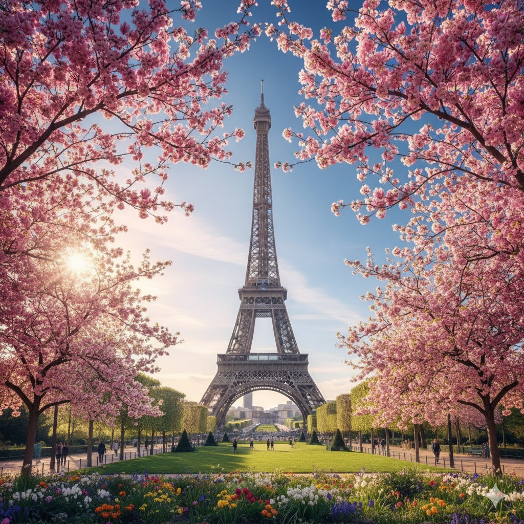 Eiffel Tower with blooming spring trees, Paris, France