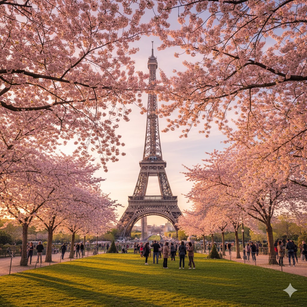 Eiffel Tower with spring blossoms, Paris, France