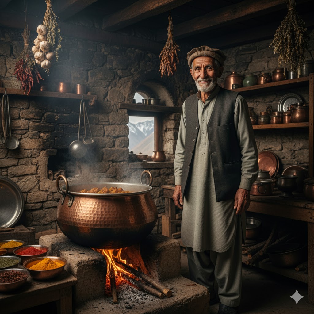 Elderly cook smiling beside copper pot of Balti Gosht inside stone home near Khaplu
