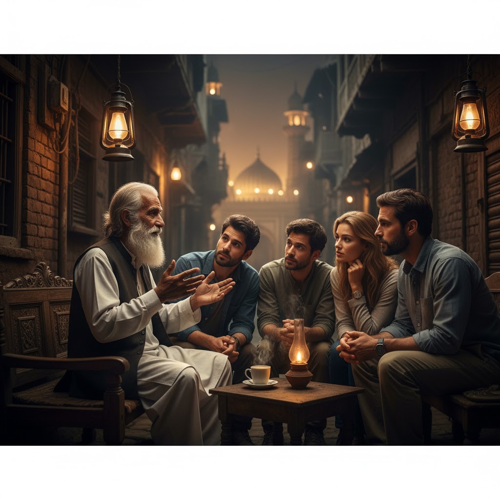 Elderly local sharing historical tales about Lahore Sufi culture.
