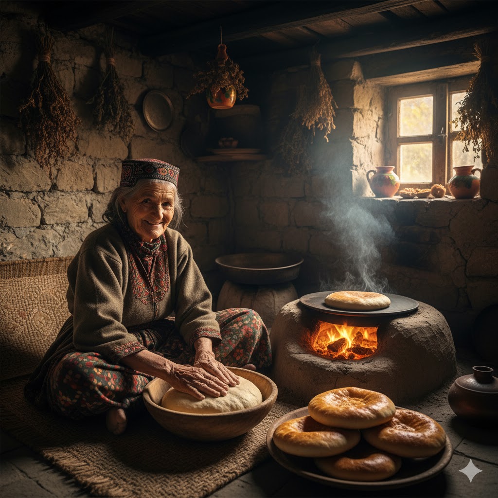 Elderly woman in Hunza kneading dough for traditional Khambir bread on clay stove.