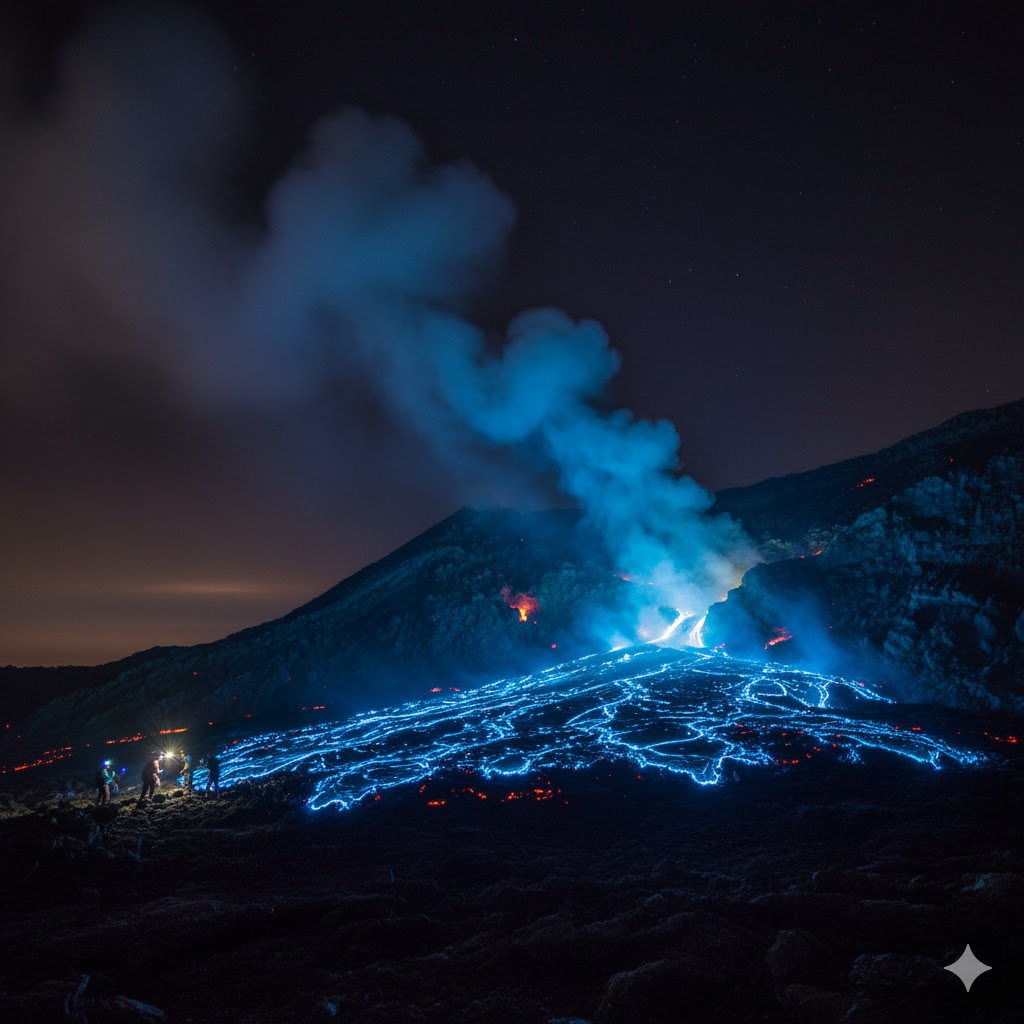 Electric blue lava glowing on Kawah Ijen volcano at night, Indonesia
