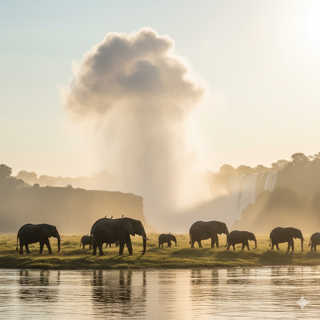 Elephants grazing near Zambezi River with mist from Victoria Falls, Zambia