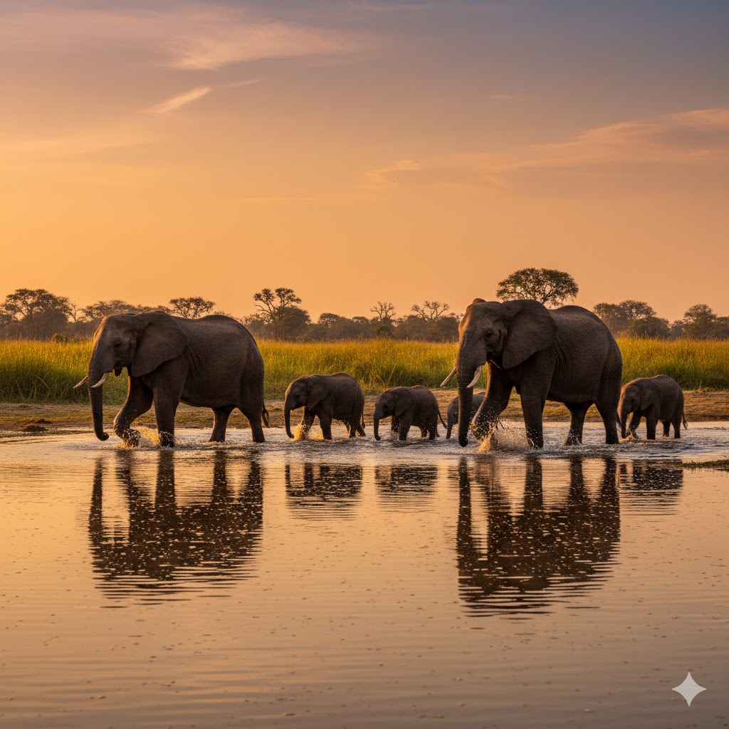 Elephants walking through Okavango Delta waters, Botswana