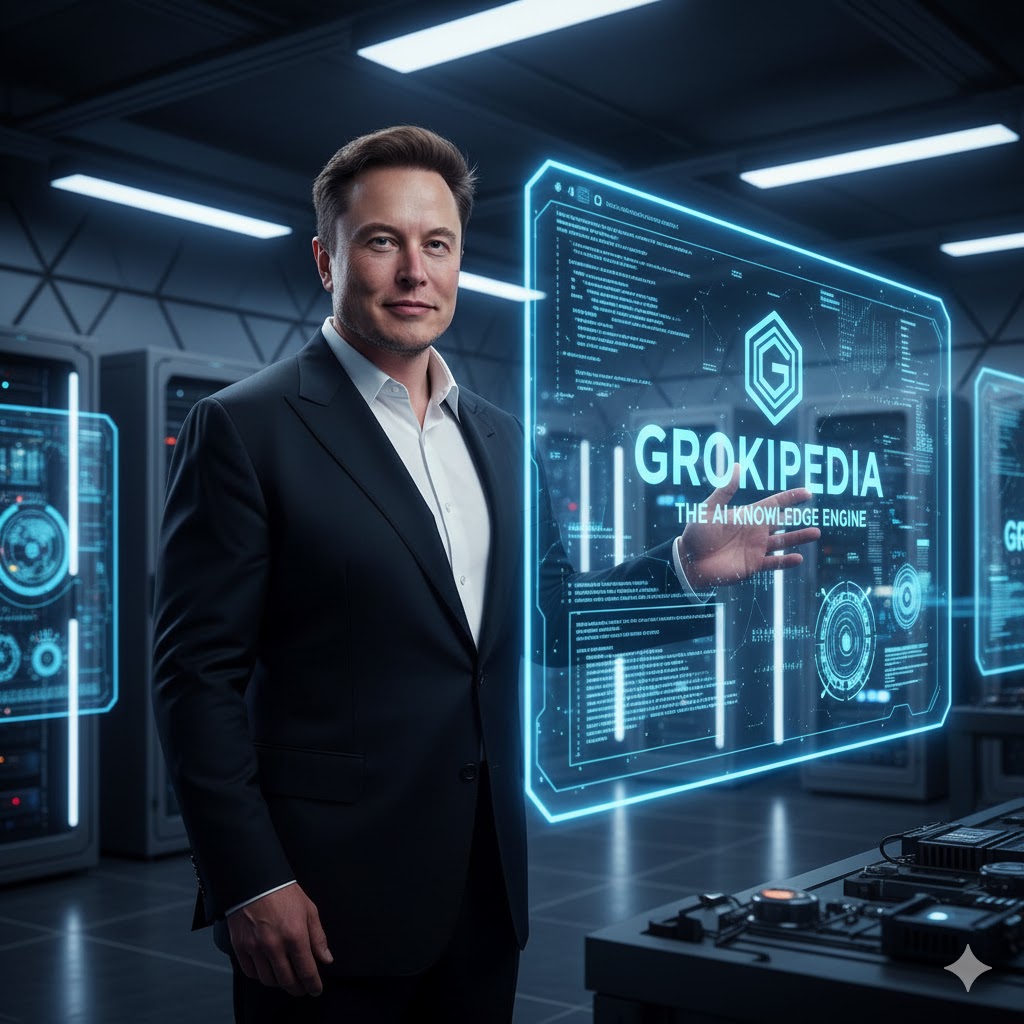 Elon Musk with Grokipedia interface, symbolizing the future of AI-driven knowledge platforms.