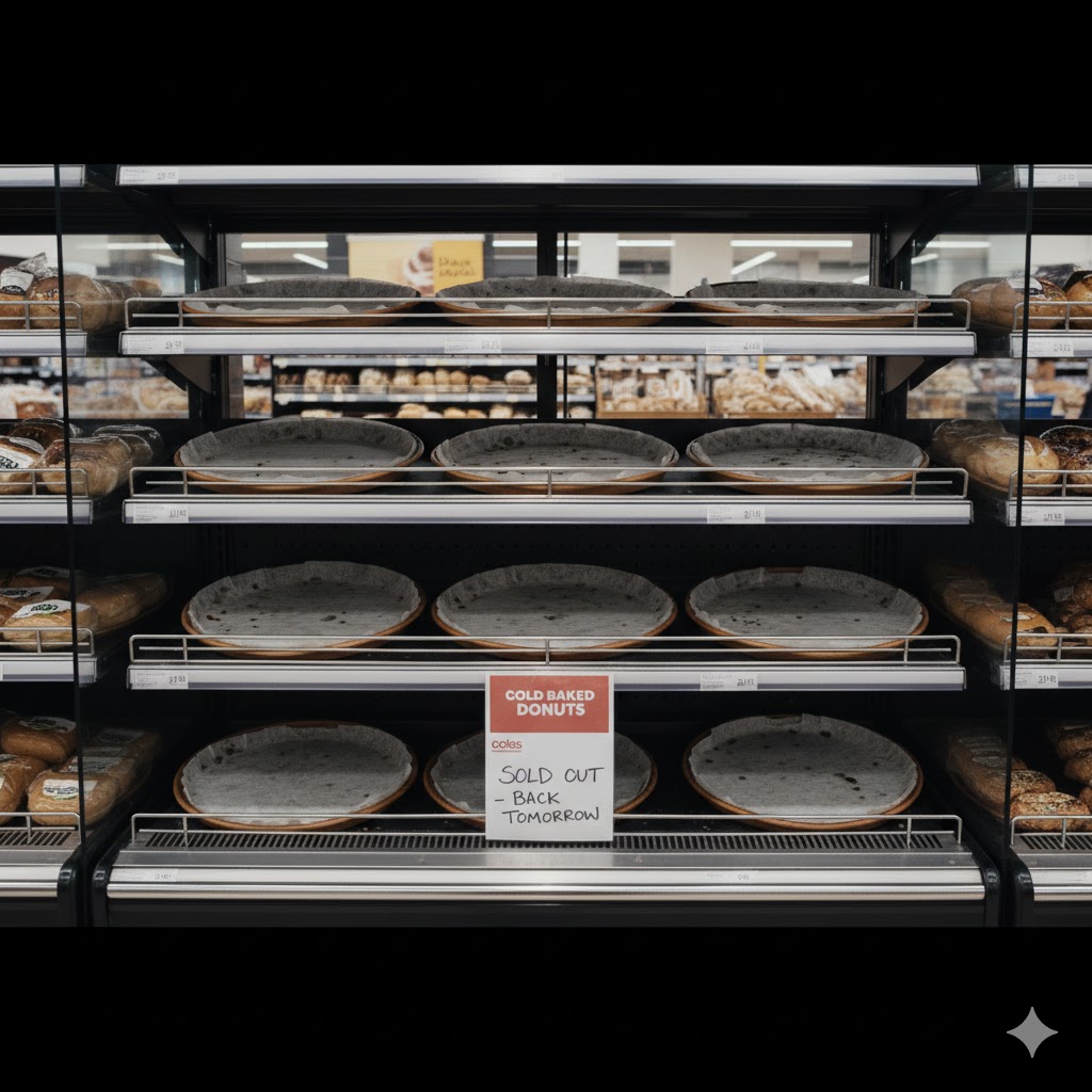 Empty Coles donut shelf — “Coles chocolate donuts missing from bakery section