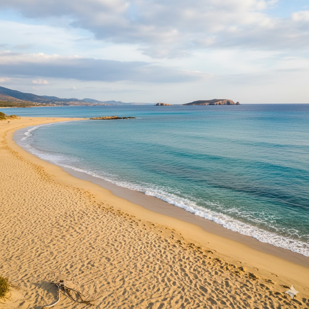 Empty beach on Naxos Island with turquoise water and golden sand