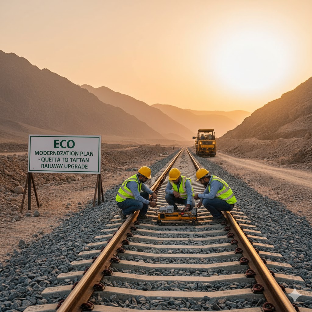 Engineers inspecting railway tracks between Quetta and Taftan under ECO modernization plan. 