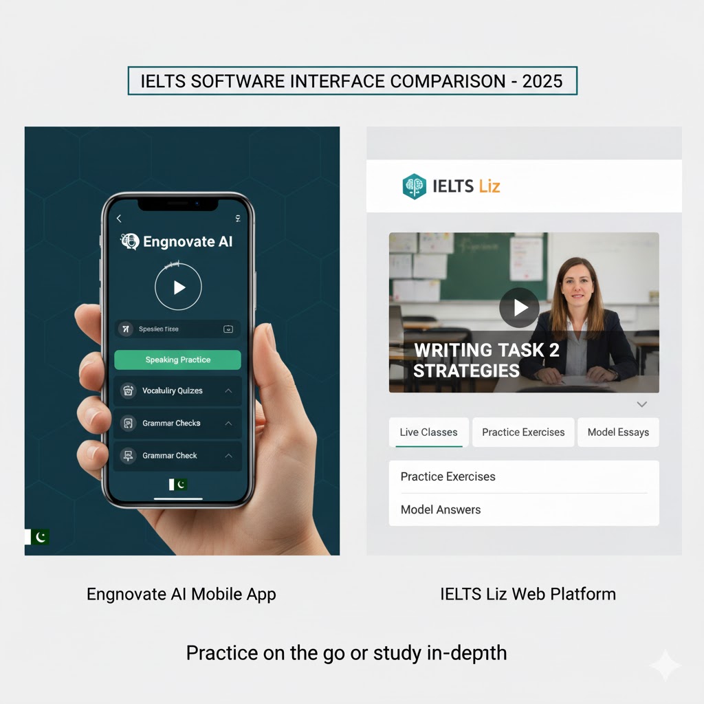 Engnovate mobile app and IELTS Liz web platform screenshots comparison