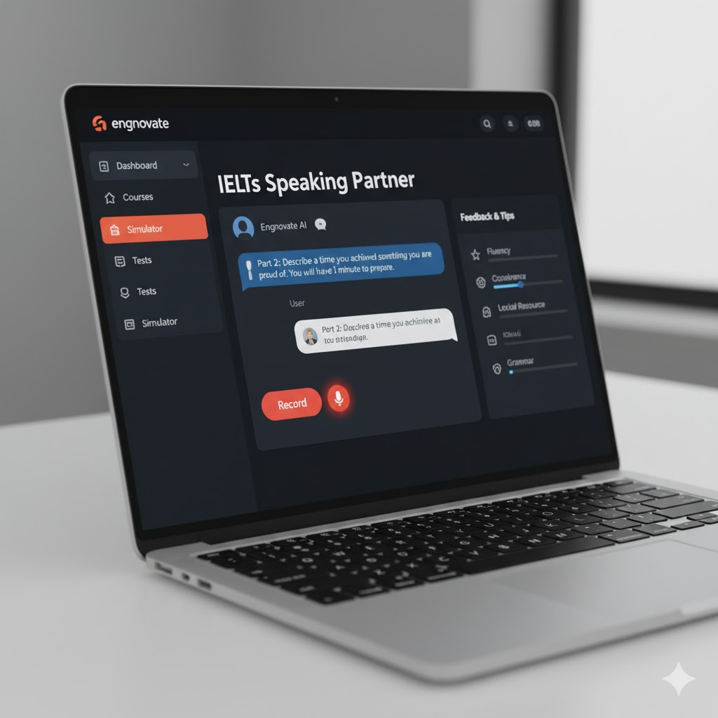 Engnovate platform screenshot with AI-powered IELTS speaking simulator open
