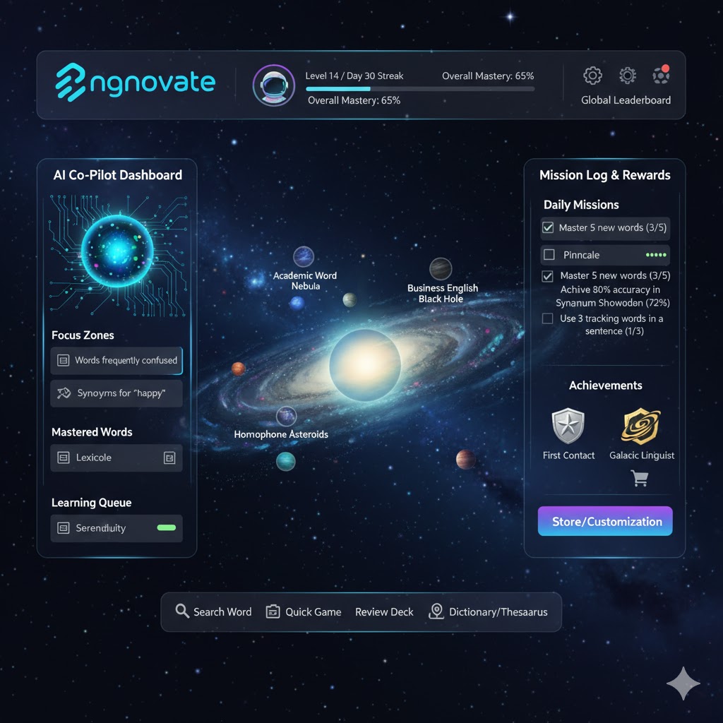 Engnovate vocabulary gamification interface with AI word tracking feature