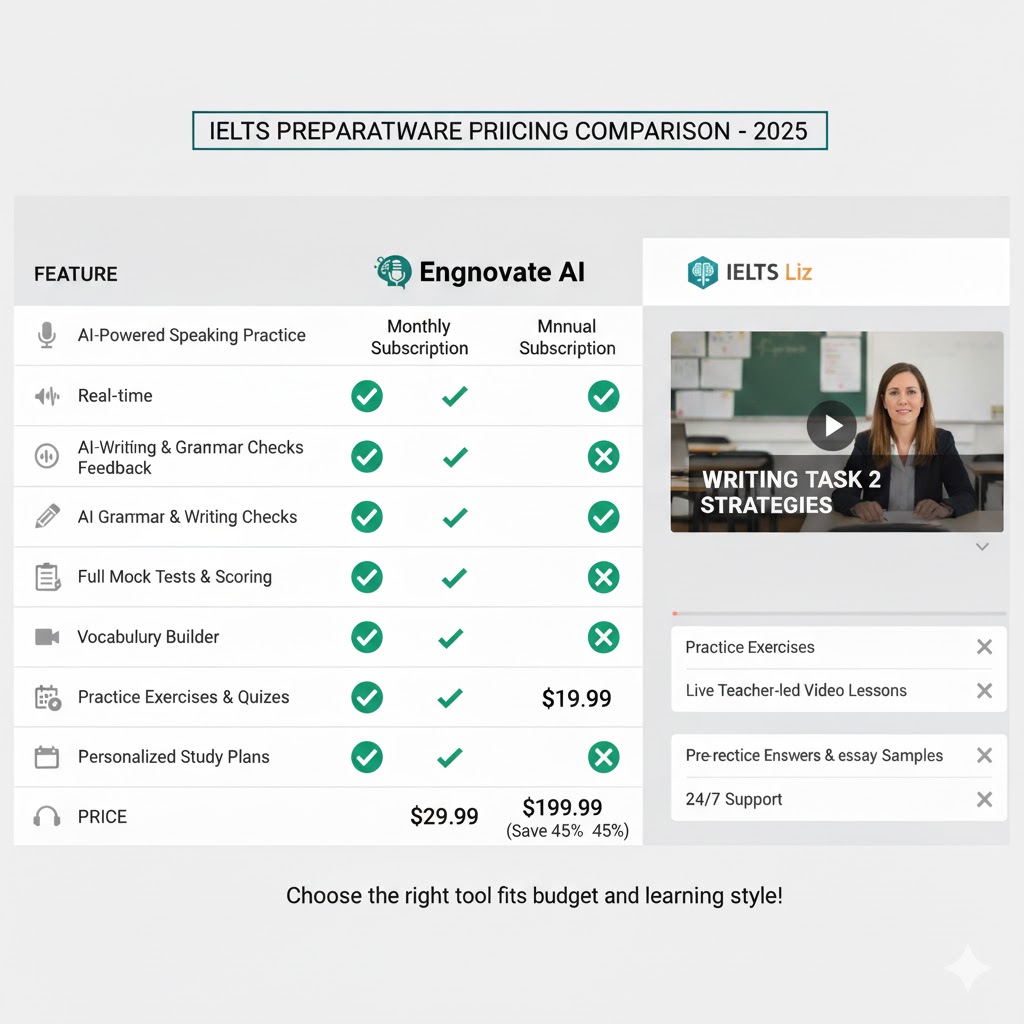 Engnovate vs IELTS Liz pricing chart 2025 comparing subscription and one-time plans