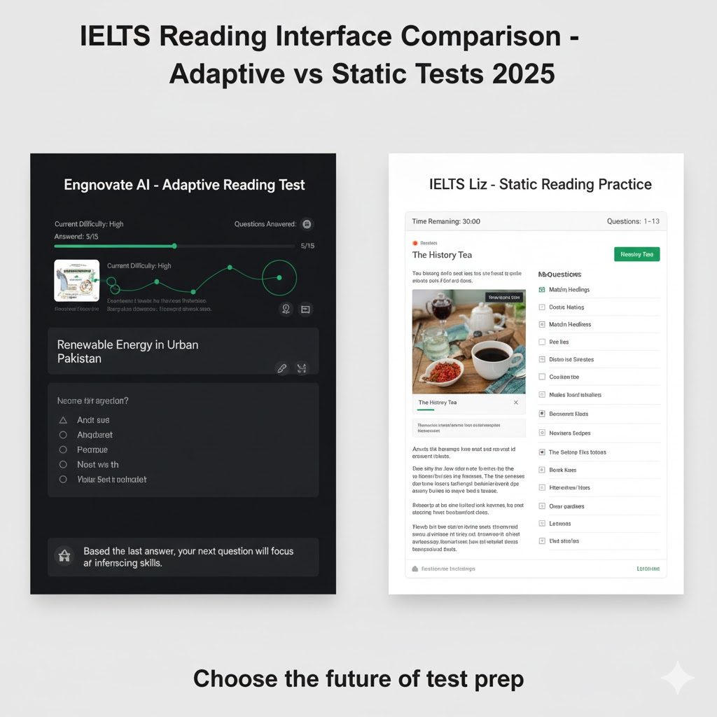 Engnovate vs IELTS Liz reading interface comparison showing adaptive vs. static tests
