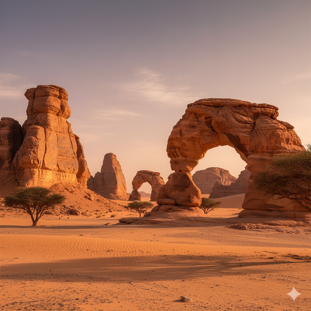 Ennedi Desert arches and sand formations in Chad