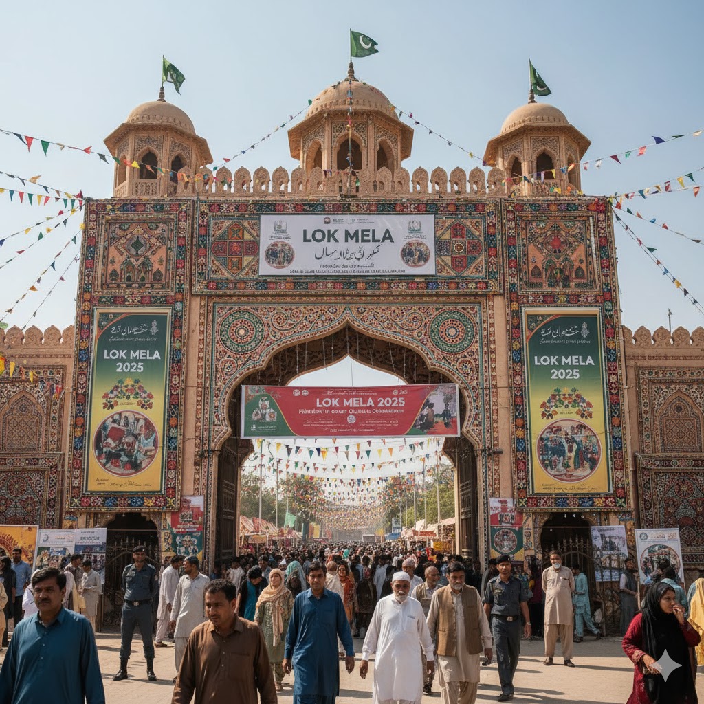 Entrance gate of Lok Virsa Islamabad decorated with cultural banners and folk motifs during Lok Mela 2025 opening day.