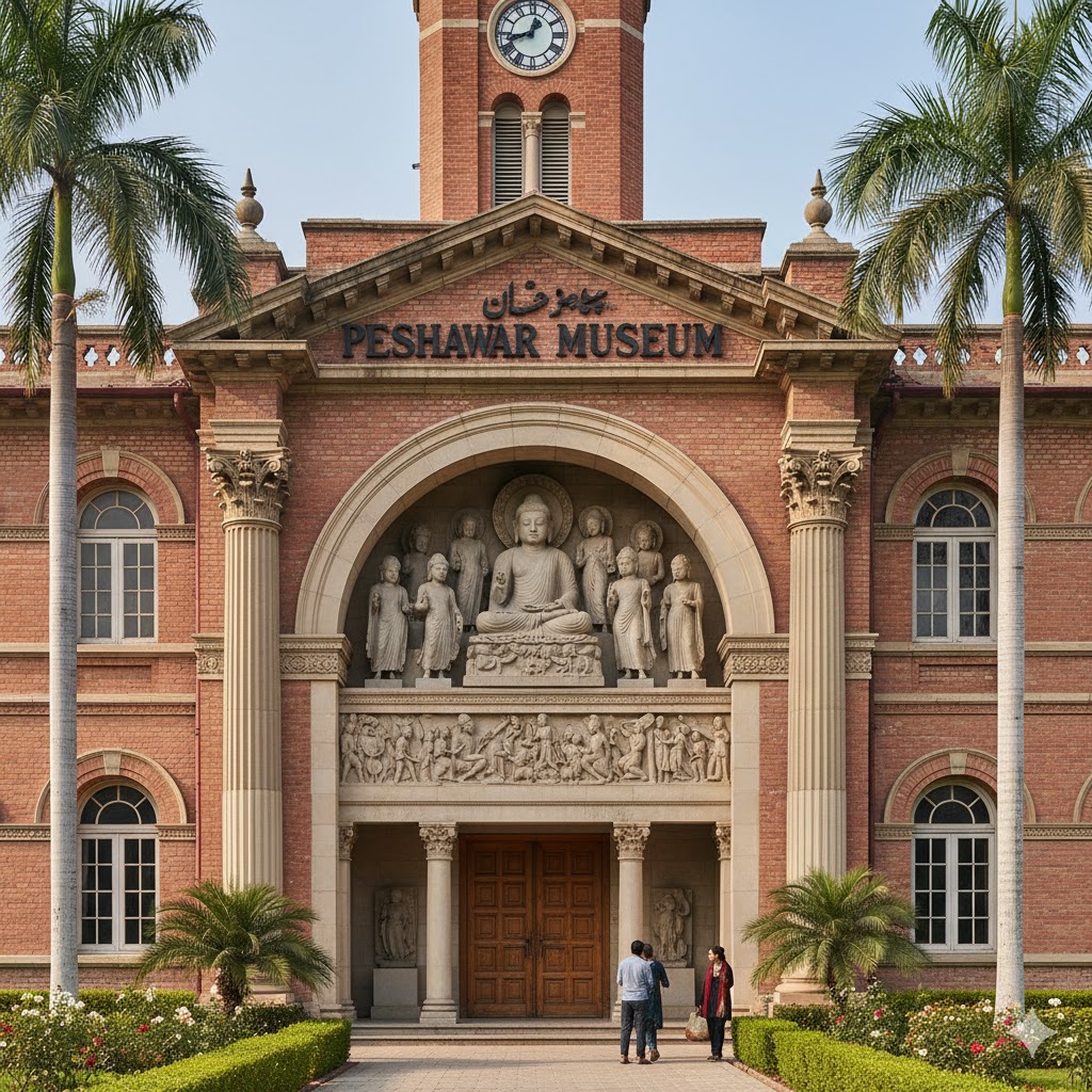 Entrance of Peshawar Museum displaying Gandhara Buddhist sculptures.