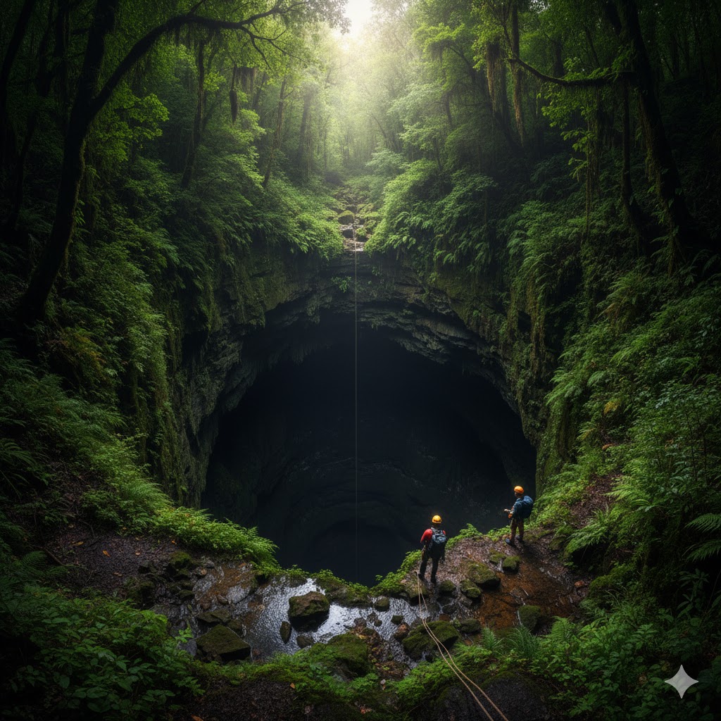 Entrance to Krubera Cave surrounded by limestone cliffs and lush greenery. Entrance to Krubera Cave surrounded by limestone cliffs and lush greenery.