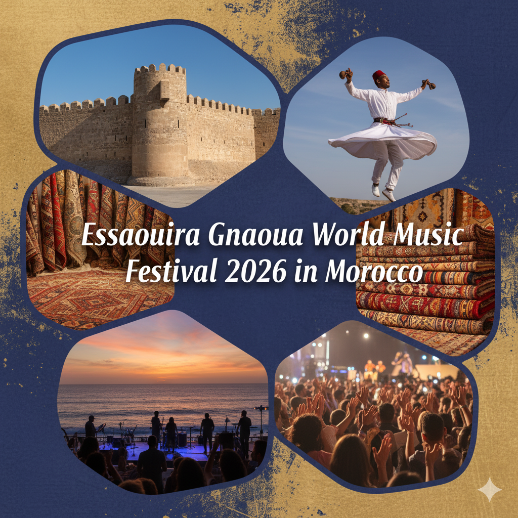 Essaouira Gnaoua World Music Festival 2026 in Morocco - Essaouira fortress (Skala de la Ville), Gnaoua dancer, Moroccan carpets in medina market