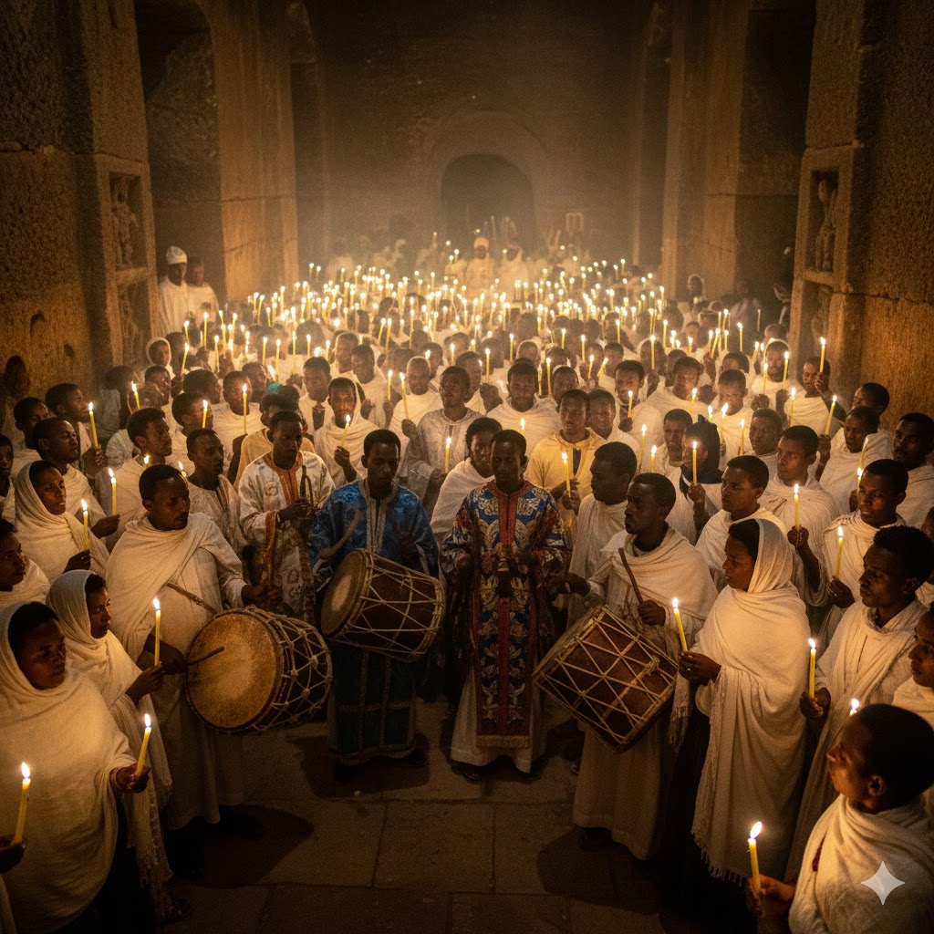 Ethiopian Orthodox congregation celebrating Ganna with candles and drums