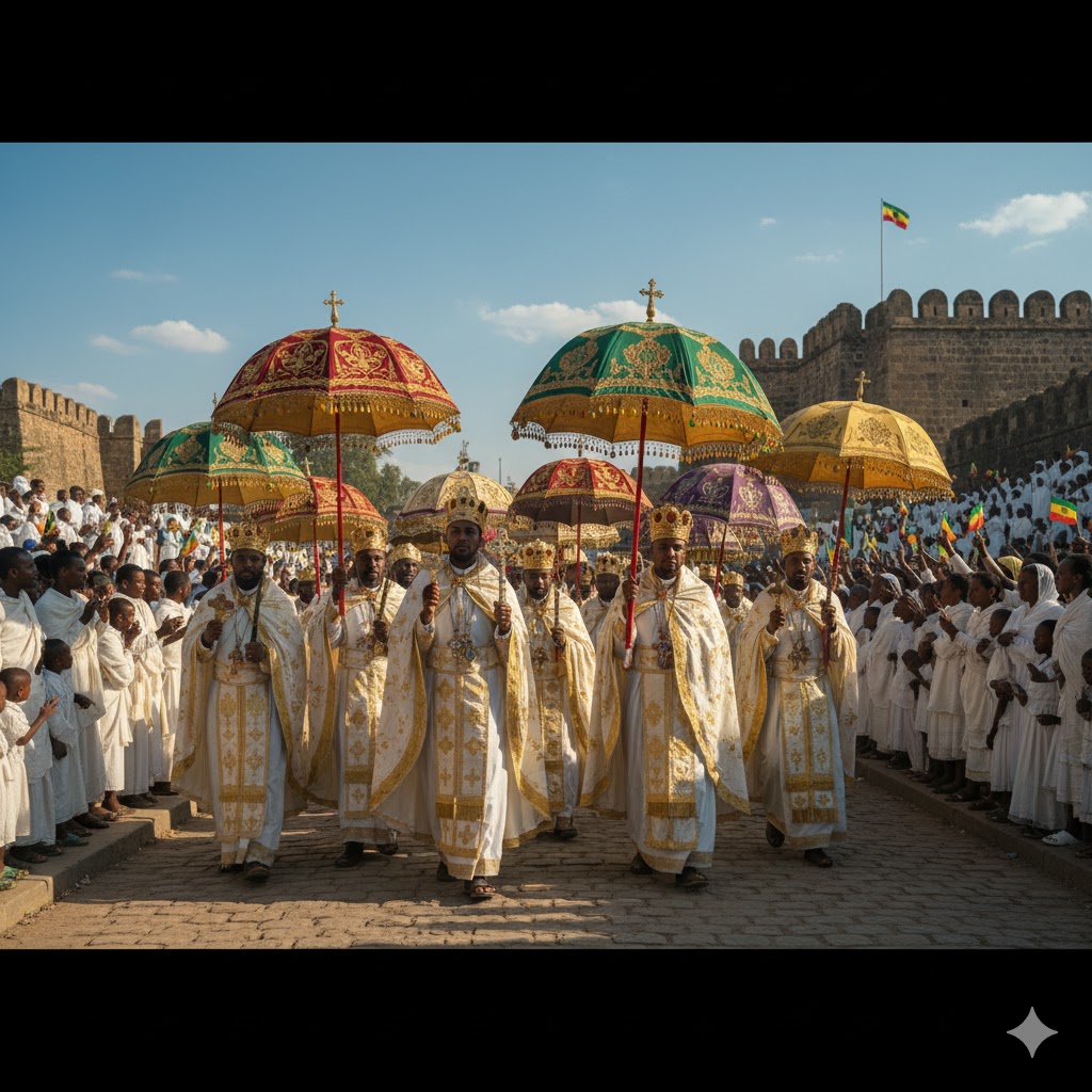 Ethiopian priests carrying ceremonial umbrellas during Timkat Festival 2026 procession.