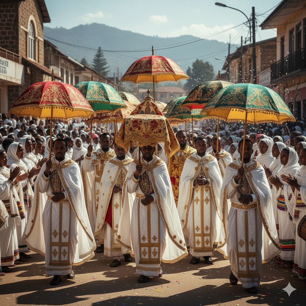 Ethiopian priests in white robes leading colorful Timkat processions with umbrellas