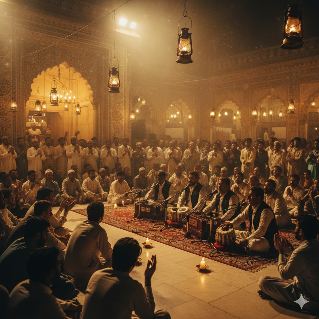 Evening Qawwali at Data Darbar Shrine with devotees and warm lantern lights.