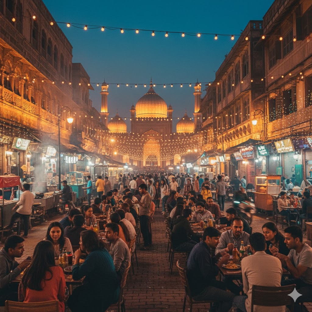 Evening crowd at Fort Road Food Street with view of Badshahi Mosque under lights