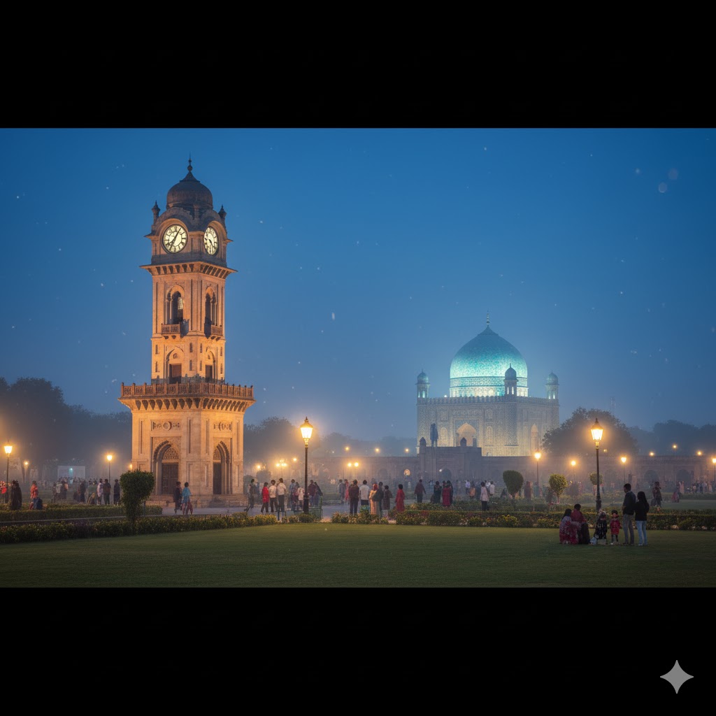 Evening scene at Qasim Bagh with Multan Clock Tower and Shah Rukn-e-Alam in the backdrop. Evening scene at Qasim Bagh with Multan Clock Tower and Shah Rukn-e-Alam in the backdrop.