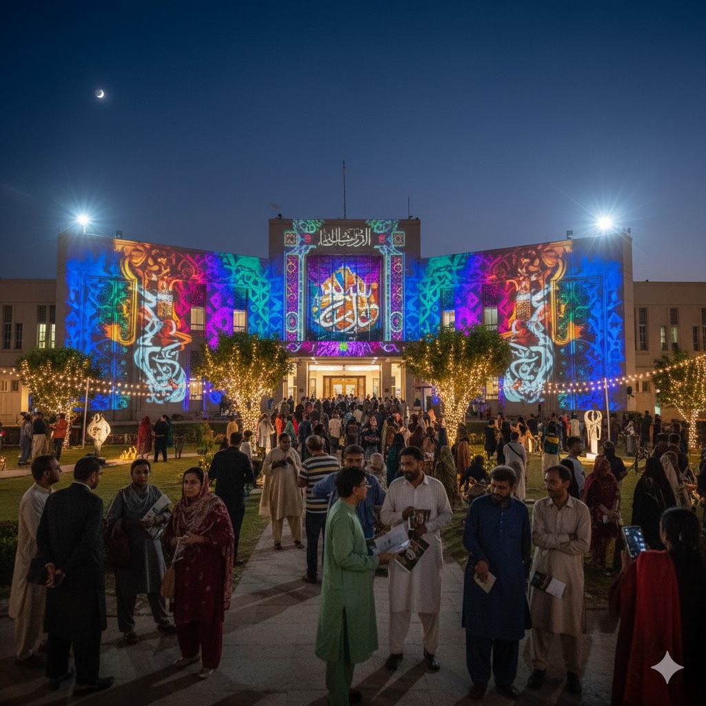 Evening view of Multan Arts Council lit with colorful lights during a Sufi art exhibition