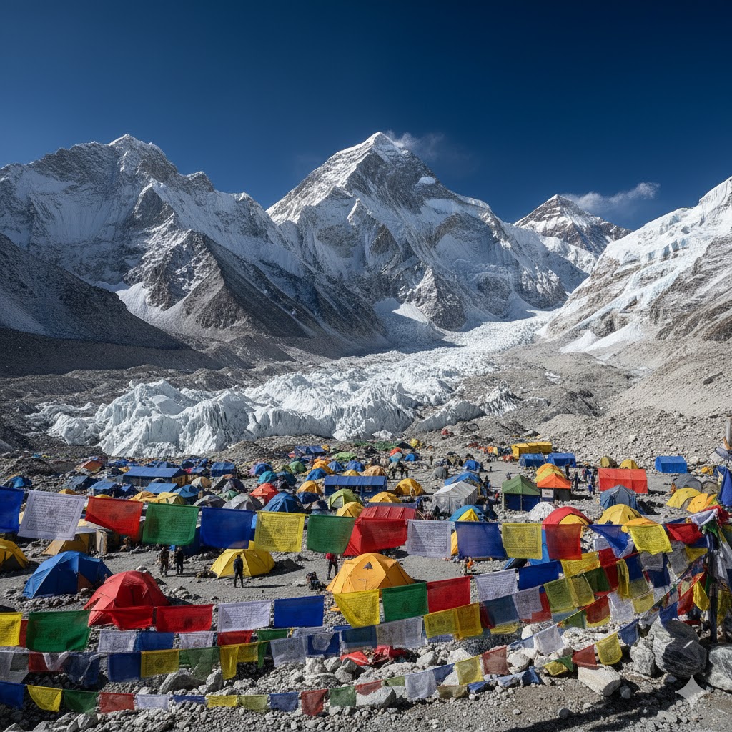 Everest Base Camp prayer flags and tents framed against the Khumbu Icefall and blue Himalayan sky. Everest Base Camp prayer flags and tents framed against the Khumbu Icefall and blue Himalayan sky.