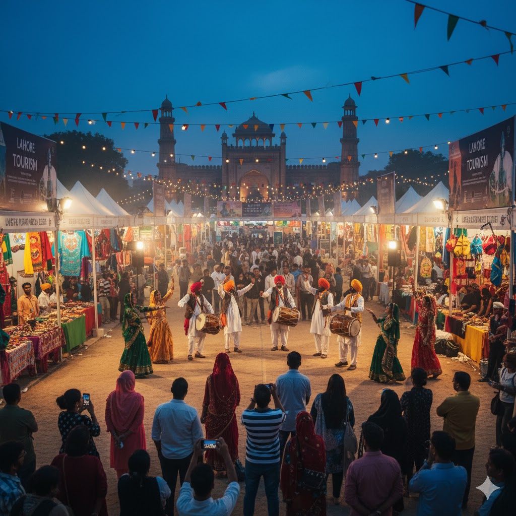 Exhibition stalls and cultural performances at Lahore International Tourism Expo, Punjab.
