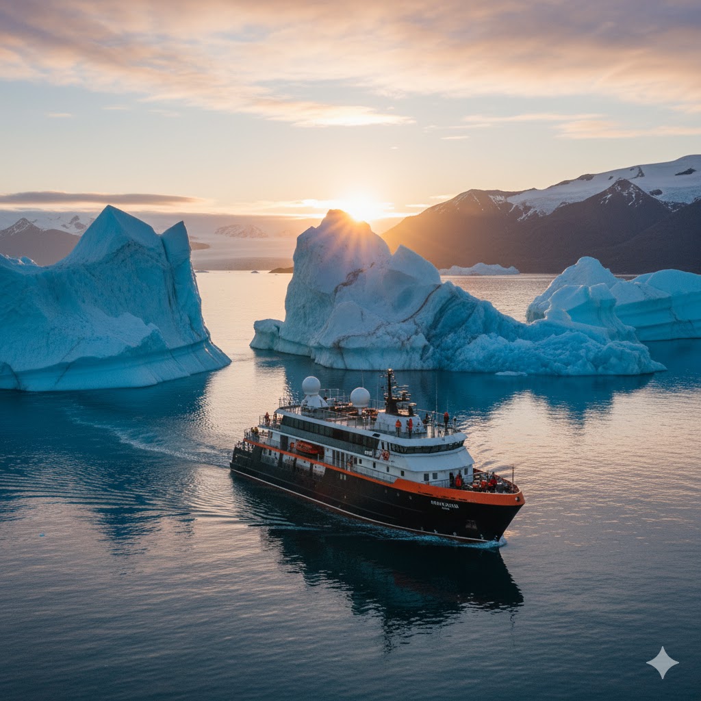 Expedition cruise ship gliding past Greenland’s blue icebergs beneath the Arctic sun