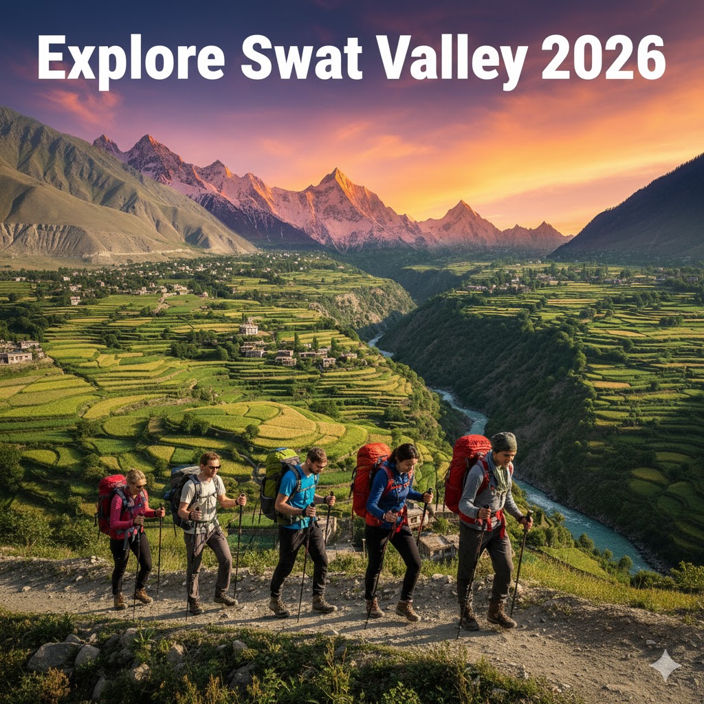 “Panoramic view of Swat Valley with river and lush green mountains, tourists hiking in foreground, cinematic college-style thumbnail, bold text overlay ‘Explore Swat Valley 2026’”