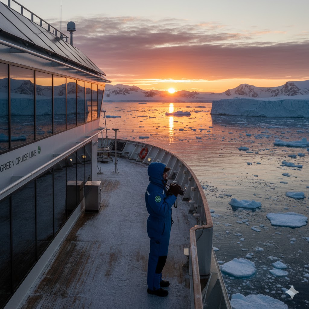 Explorer watching sunrise over Antarctica from the deck of a sustainable expedition ship.
