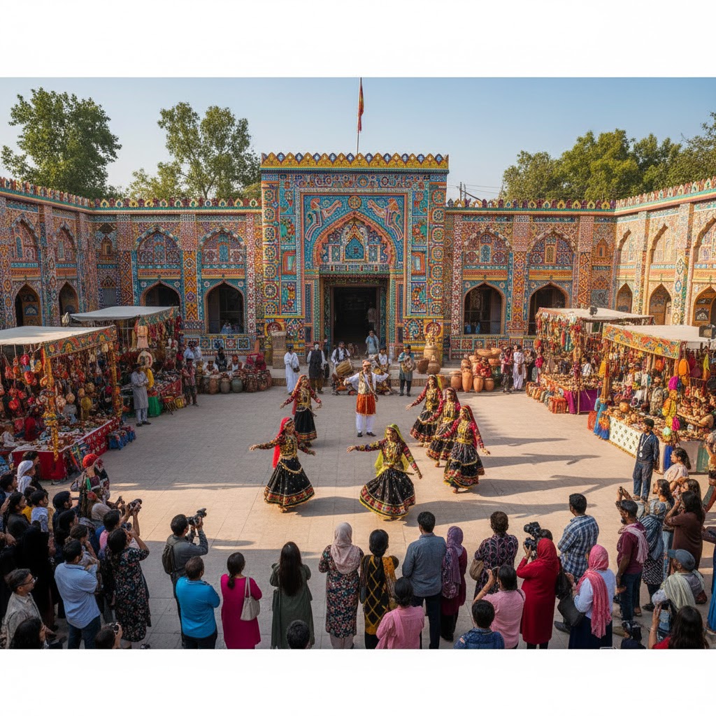 Exterior view of Lok Virsa Museum with colorful craft stalls and folk dancers performing in the courtyard. 