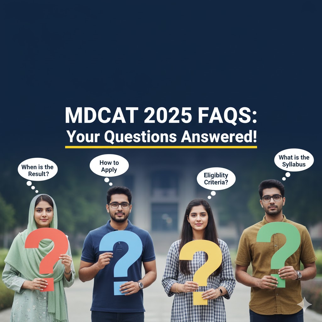 FAQ section graphic showing students holding question cards about MDCAT 2025