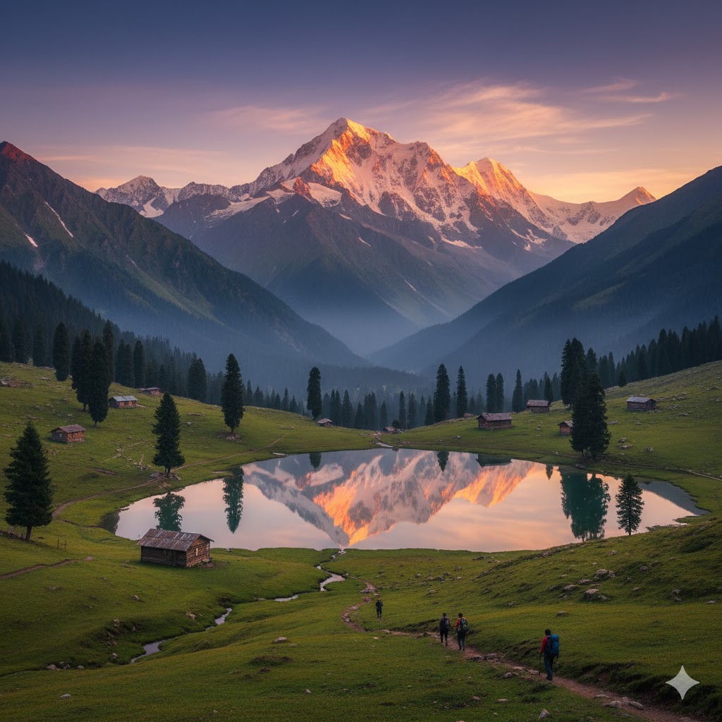 Fairy Meadows and Nanga Parbat peak under sunrise glow, Pakistan